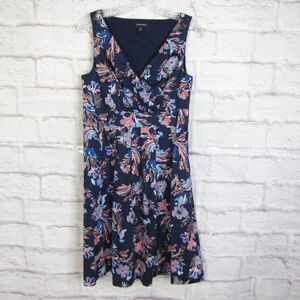 Lands' End Size 8 Navy Blue & Pink Floral Fit Flare Wrap Top Dress EUC
